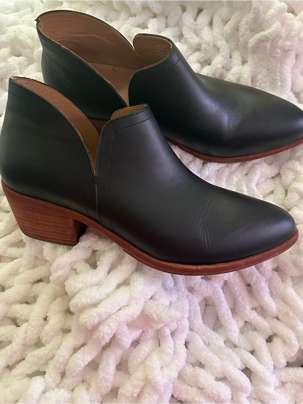 Nisolo Black Leather Cutout Ankle Boot with Brown Stacked Heel
